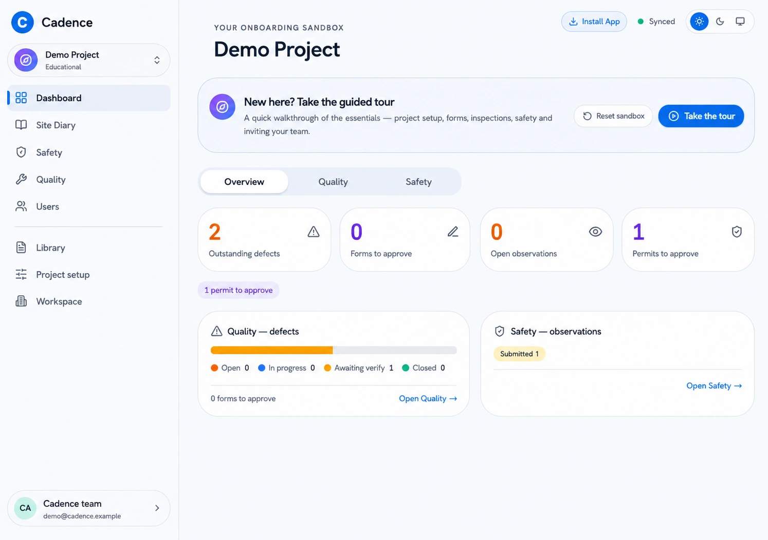 AI-generated Cadence dashboard illustration showing defects, forms, observations and permits.