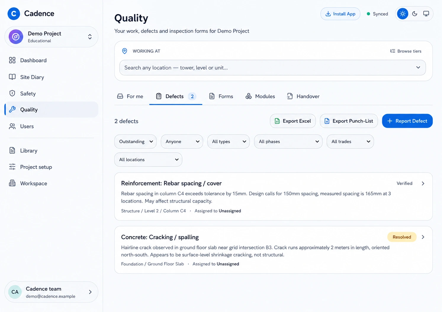 Cadence quality register with location filters, defect evidence descriptions and verified or resolved statuses.